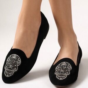 Chatelles Paris Day of the Dead Black Suede Beaded Skull‎ Slipper Flats Size 9